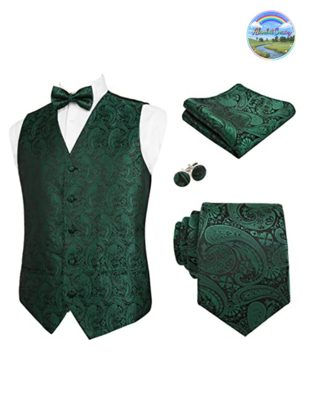 Mens 5pc Paisley Vest Tie Bow Tie Pocket Square Cufflinks Set Formal